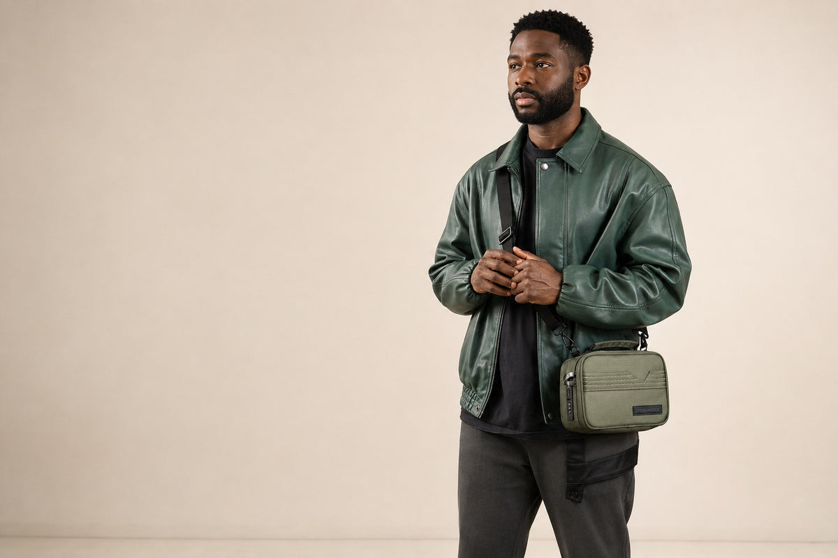 Model carrying the olive green Stash Pack with its detachable shoulder strap