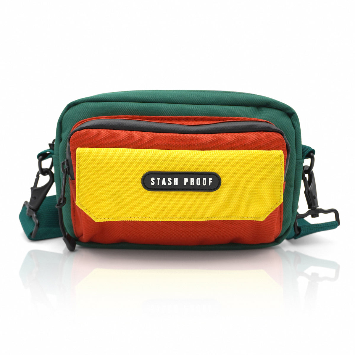Flip multicolor smell-proof crossbody bag shown from the front in green, red, and yellow