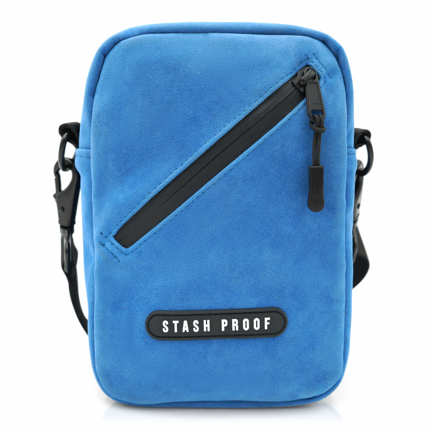 Blue suede Stash Bag shown from the front with adjustable shoulder strap hardware