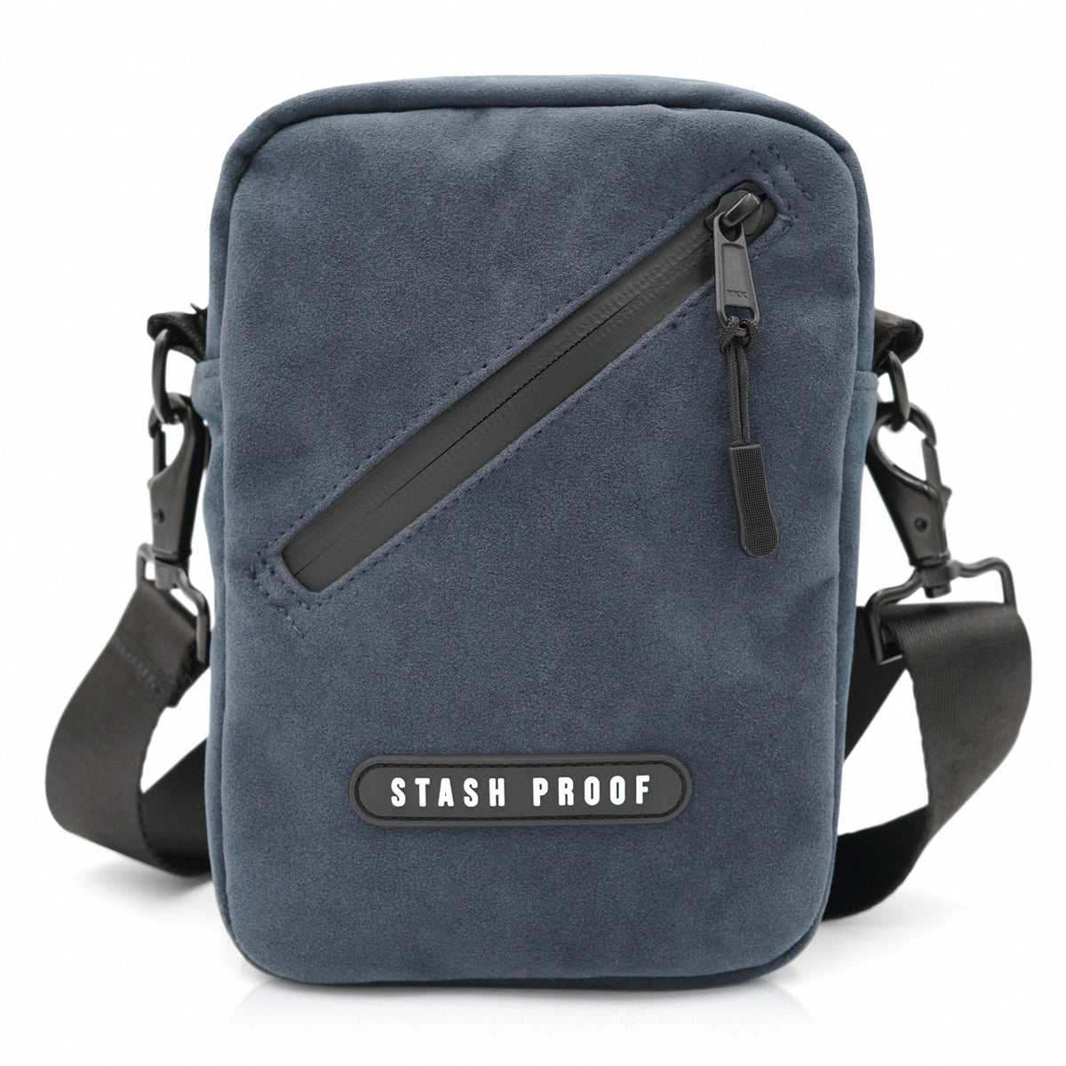 Black suede Stash Bag shown from the front with adjustable shoulder strap hardware