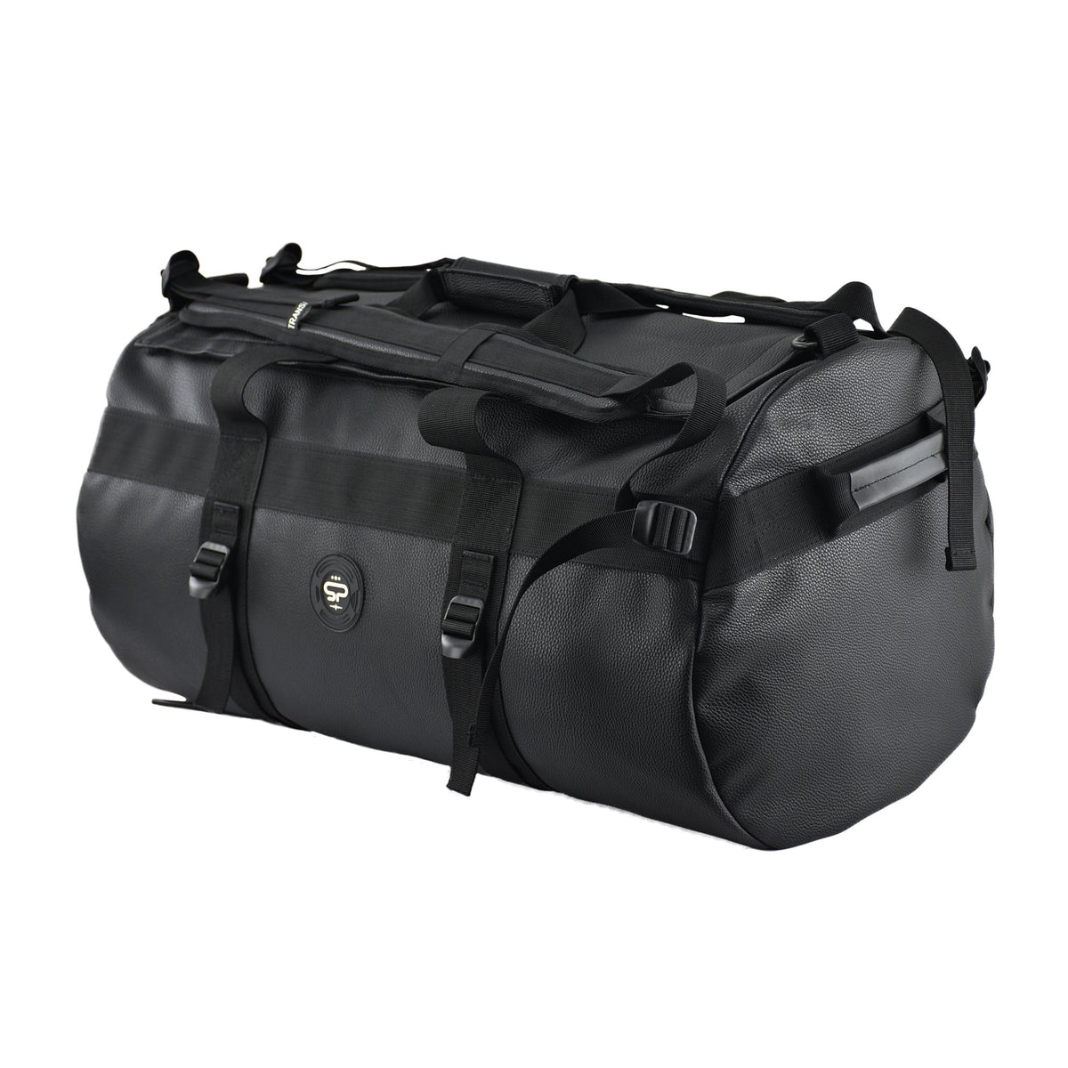 Angled view of the black Transporter L100 convertible duffel backpack showing side storage and carry straps