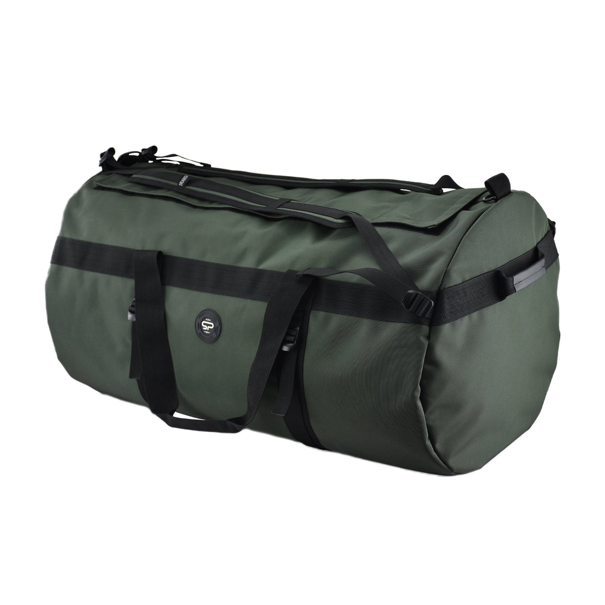 Angled view of the olive Transporter XL200 showing its extra-large body, side panel, and reinforced straps