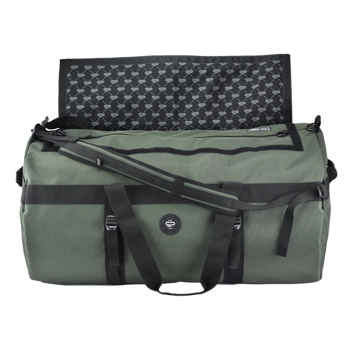 Open olive Transporter XL200 duffel showing the carbon-lined interior, zipper pocket, and carry straps
