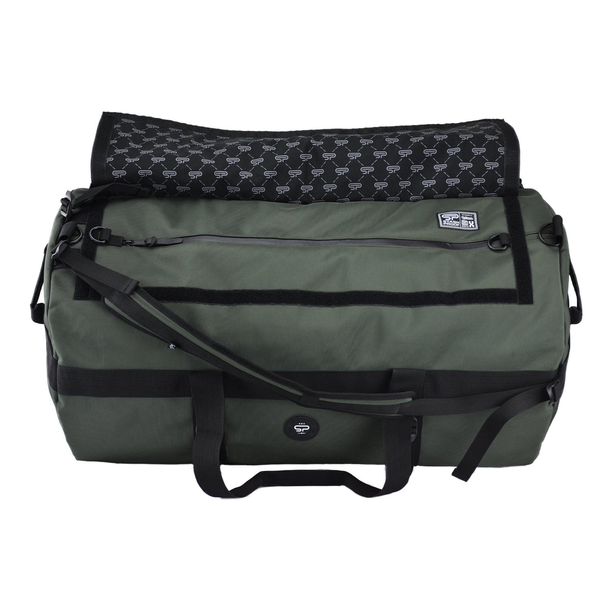 Open olive Transporter XL200 duffel showing the patterned lining and long interior zipper pocket